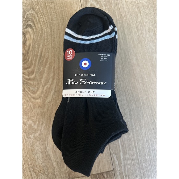 Ben Sherman Men's Ankle Low Cut Black Socks‎ Lightweight Stay Dry 10 Pair 6-12 - Picture 1 of 5